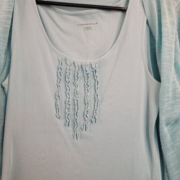 Charter Club Womens Aqua Blue Cardigan & Tank Set Medium Ramie/Rayon - Picture 2 of 6